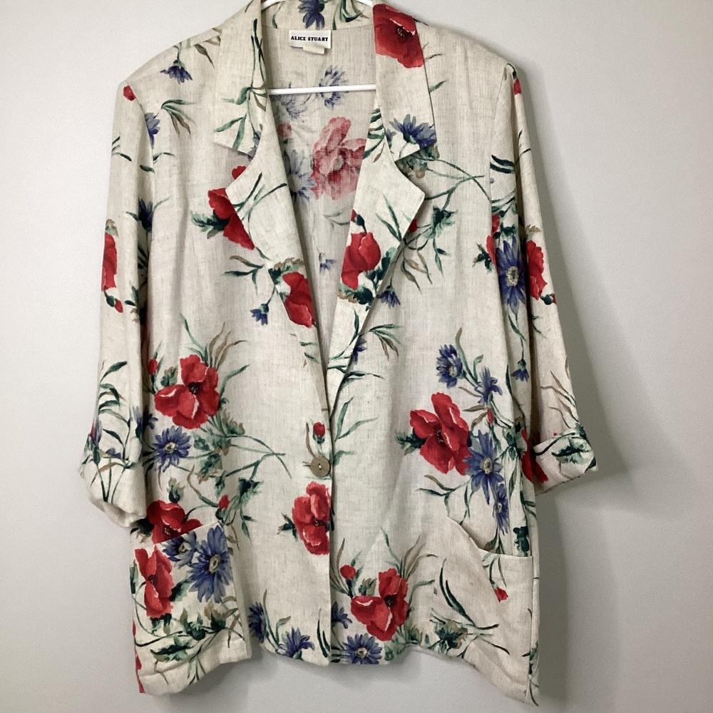 Alice Stuart Linen Blend Floral Blazer Unstructured Cottagecore Lagenlook XL Gre